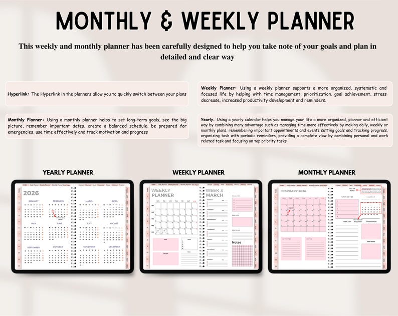 May include: A digital Monthly & Weekly Planner featuring three distinct views: a 2026 yearly calendar, a weekly planner layout for March, and a monthly planner page for February 2026. The interface includes pink accents, text boxes, and grid sections.