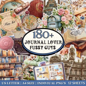 180+ Journal Lover Fussy Cuts Pack, Happy Mail, Books, Home, Office, Sticker Junk Journal Supplies, Printable Fussy Cuts, Junk Journal Kit