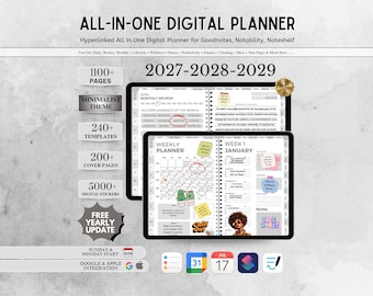 May include: An all-in-one digital planner for 2027-2029 featuring 1100+ pages, 240+ templates, 200+ cover pages, and 5000+ digital stickers. The planner includes monthly and weekly views, lifestyle, wellness, and productivity sections.