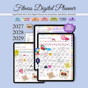Könnte beinhalten: Ein digitaler Fitnessplaner für Goodnotes, Notability und Noteshelf mit über 620 Seiten, 30 Vorlagen, 190 Covern und 5000 Stickern. Die Benutzeroberfläche zeigt einen Monatskalender für Oktober 2026 mit Fitness-Symbolen, Text und bunten Grafiken.