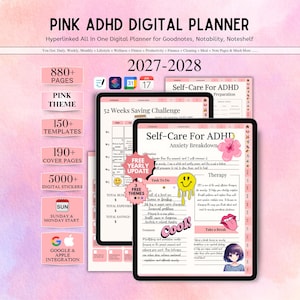 May include: A pink ADHD digital planner for 2027-2028 featuring 880+ pages, 150+ templates, 190+ cover pages, and 5000+ digital stickers. The interface displays a 52 weeks saving challenge and a self-care for ADHD anxiety breakdown page with stickers.