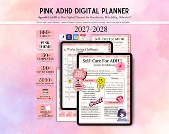May include: A pink ADHD digital planner for 2027-2028 featuring 880+ pages, 150+ templates, 190+ cover pages, and 5000+ digital stickers. The interface displays a 52 weeks saving challenge and a self-care for ADHD anxiety breakdown page with stickers.