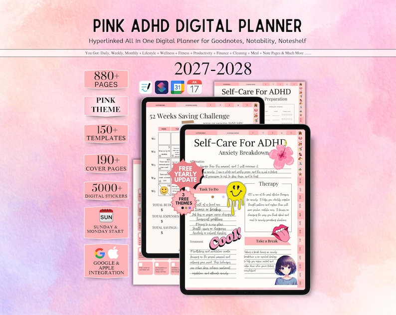 May include: A pink ADHD digital planner for 2027-2028 featuring 880+ pages, 150+ templates, 190+ cover pages, and 5000+ digital stickers. The interface displays a 52 weeks saving challenge and a self-care for ADHD anxiety breakdown page with stickers.