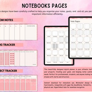 May include: Digital planner pages displayed on two tablet screens, featuring sections for custom notes, saving trackers, and project trackers. The layout includes various grid, lined, and list templates with pink accents and hyperlinked navigation tabs.