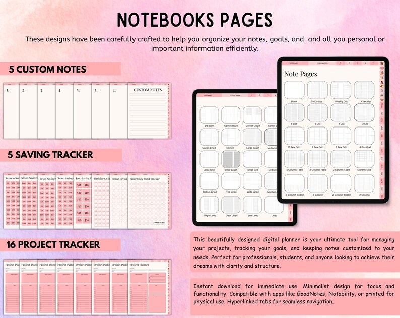 May include: Digital planner pages displayed on two tablet screens, featuring sections for custom notes, saving trackers, and project trackers. The layout includes various grid, lined, and list templates with pink accents and hyperlinked navigation tabs.