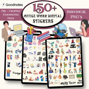 Może przedstawiać: Cyfrowe naklejki do pracy biurowej, z ilustracjami materiałów biurowych, ludzi i motywacyjnych fraz. Obraz zawiera tekst "150+ OFFICE WORK DIGITAL STICKERS" i "INDIVIDUAL PNG'S". Naklejki są przeznaczone do plików Goodnotes.