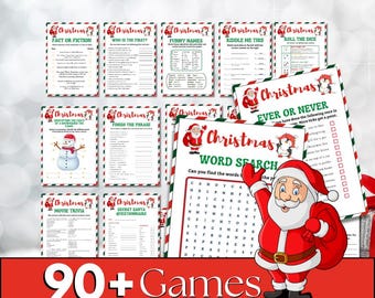 May include: A collection of Christmas party game sheets featuring red and green borders, including titles like Fact or Fiction, Who Is The First, Funny Names, Riddle Me This, Roll The Dice, Ever Or Never, Word Search, and Movie Trivia with a Santa graphic.