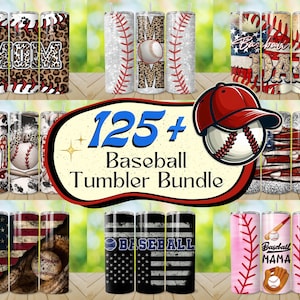 Könnte beinhalten: Eine Sammlung von Bechern zum Thema Baseball mit verschiedenen Designs. Einige Becher zeigen Basebälle, Baseballnähte und die Wörter "MOM" und "DAD". Andere Becher haben ein Design der amerikanischen Flagge. Das Bild enthält auch eine Grafik mit der Aufschrift "125+ Baseball Tumbler Bundle."
