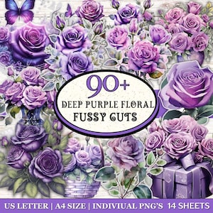May include: A digital collage of deep purple roses and butterflies. The image includes the text "90+ Deep Purple Floral Fussy Cuts". The design is available in A4 size, with individual PNGs across 14 sheets.
