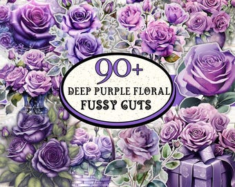 90 + Deep Purple Floral Fussy Cuts, Floral Ephemera, Floral Fussy Cuts Bundle, Scrapbook Supplies, Purple Roses Fussy Cuts, Junk Journal Kit