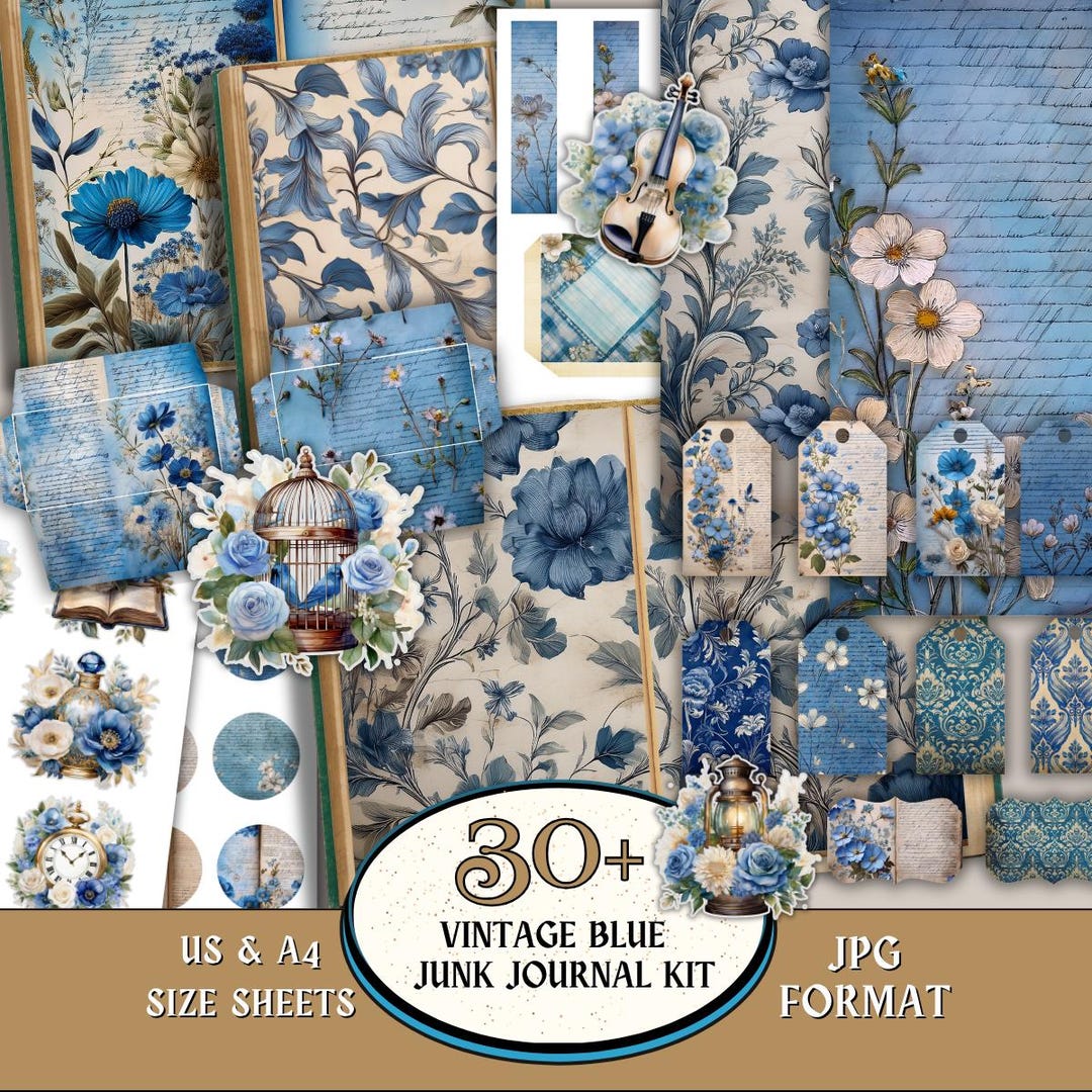 Vintage Blue Junk Journal Kit, Blue Roses Journal Paper, Tags ...