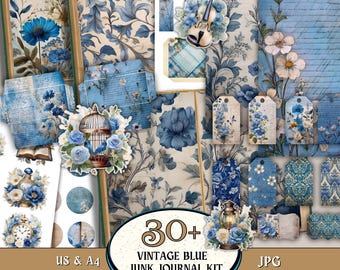 Vintage Blue Junk Journal Kit, Blue Roses Journal Paper, Tags, Aesthetic Pockets, Flower Fussy Cut, Antique Scrapbook Supplies, Ephemera Kit