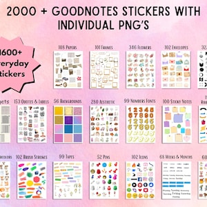 May include: A digital collection of over 2000 Goodnotes stickers featuring individual PNG files. The set includes categories such as papers, frames, flowers, envelopes, elements, widgets, quotes, labels, backgrounds, fonts, sticky notes, and various cliparts.