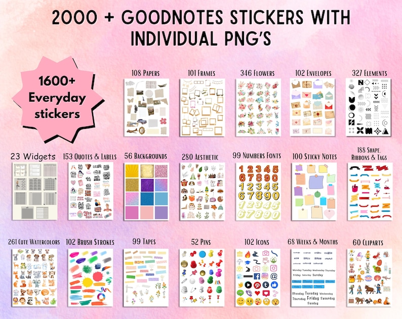 May include: A digital collection of over 2000 Goodnotes stickers featuring individual PNG files. The set includes categories such as papers, frames, flowers, envelopes, elements, widgets, quotes, labels, backgrounds, fonts, sticky notes, and various cliparts.