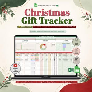 Könnte beinhalten: Eine digitale Weihnachtsgeschenk-Tracker-Tabelle für Google Sheets und Excel auf einem Laptop-Bildschirm. Die Benutzeroberfläche enthält Budgetzusammenfassungen, Kreisdiagramme und eine detaillierte Geschenkeliste mit Spalten für Status und Ausgaben.