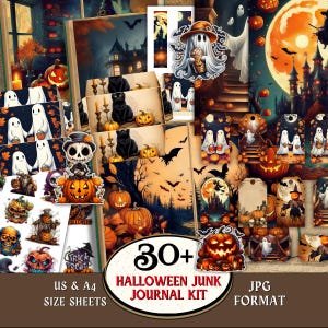 May include: A digital Halloween junk journal kit featuring over 30 sheets with illustrations of ghosts, jack-o'-lanterns, black cats, haunted houses, and bats. The collection includes tags, stickers, and patterned papers in US and A4 sizes.