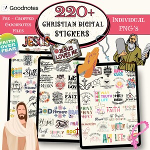 Könnte beinhalten: Digitales Sticker-Set für Goodnotes mit christlichen Themen. Das Bild zeigt mehrere digitale Sticker mit religiösen Phrasen, Kreuzen und Illustrationen von Jesus und Moses. Die Sticker sind im PNG-Format und enthalten den Text "220+ CHRISTIAN DIGITAL STICKERS".