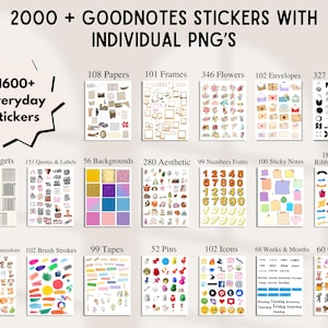 May include: A digital collection of 2000+ Goodnotes stickers and individual PNGs, featuring categories like papers, frames, flowers, envelopes, elements, widgets, quotes, backgrounds, aesthetic icons, numbers, sticky notes, ribbons, and cliparts.