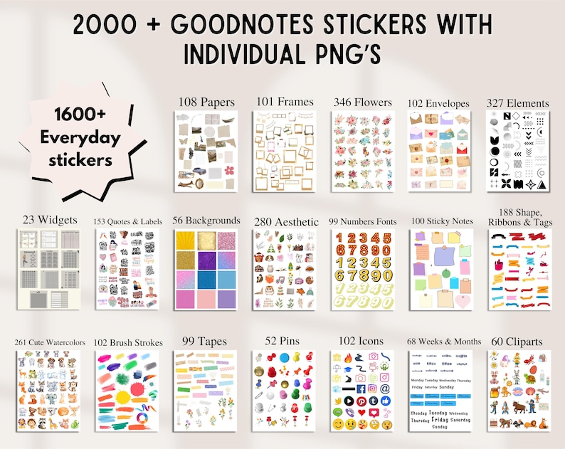 May include: A digital collection of 2000+ Goodnotes stickers and individual PNGs, featuring categories like papers, frames, flowers, envelopes, elements, widgets, quotes, backgrounds, aesthetic icons, numbers, sticky notes, ribbons, and cliparts.