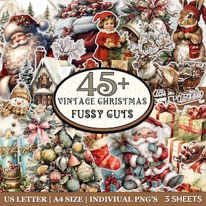 Peut inclure: Une collection de découpes minutieuses sur le thème de Noël vintage. L'image présente le Père Noël, un bonhomme de neige, un enfant en robe rouge, des rennes et diverses décorations de Noël. Le texte sur l'image indique "45+ Vintage Christmas Fussy Cuts."
