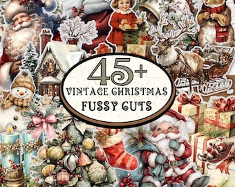 May include: A collage of vintage Christmas fussy cuts, including Santa Claus, a snowman, and a child in a red dress. The image also features reindeer, gifts, and Christmas decorations. The text on the image reads "45+ Vintage Christmas Fussy Cuts."