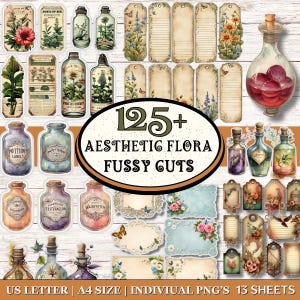 May include: A collection of vintage-style botanical illustrations and labels. The image features various jars, bottles, tags, and decorative elements with floral and butterfly motifs. Text includes "125+ Aesthetic Flora Fussy Cuts".