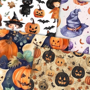 May include: A selection of Halloween-themed patterned papers. Designs include pumpkins, bats, witch hats, ghosts, and witch characters in watercolour style. The colour palette features orange, black, purple, and brown, with a vintage, whimsical aesthetic.