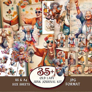 May include: A collection of digital art prints featuring illustrations of an elderly woman in various poses. The images have a vintage aesthetic with a collage style. Text on the image reads "35+ Old Lady Junk Journal Kit", "US & A4 Size Sheets", and "JPG Format".