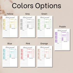 May include: A collection of food journals in various colors, including yellow, grey, green, blue, pink, orange, and purple. Each journal features a layout for tracking meals, mood, and goals, with the title "Food journal" displayed prominently.