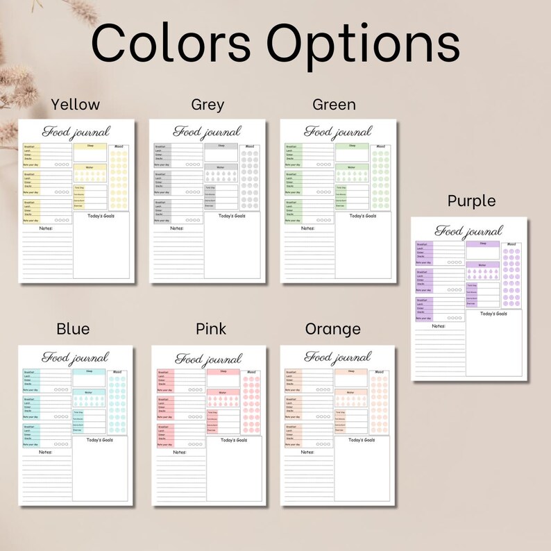 May include: A collection of food journals in various colors, including yellow, grey, green, blue, pink, orange, and purple. Each journal features a layout for tracking meals, mood, and goals, with the title "Food journal" displayed prominently.