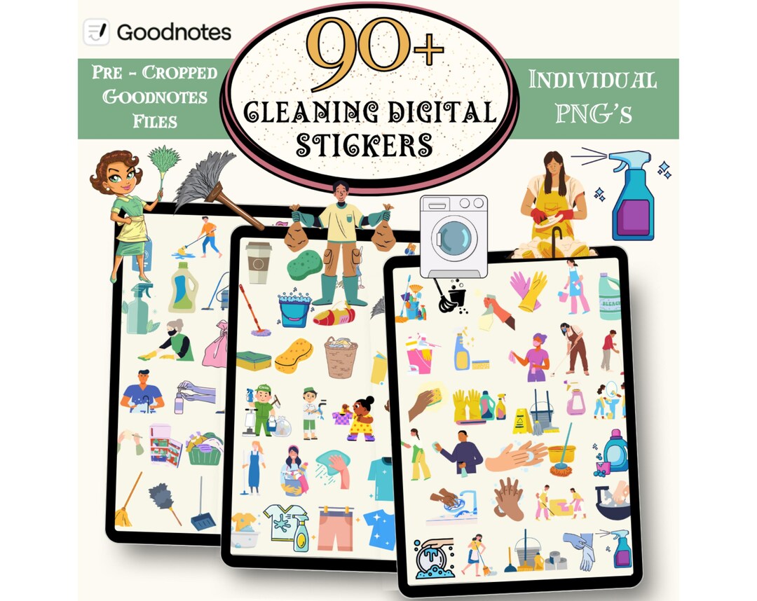 90 + Cleaning Digital Stickers Pack, House Chores Digital Stickers ...