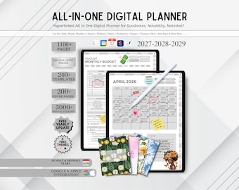 Puede incluir: Un planificador digital todo en uno para Goodnotes, Notability y Noteshelf con más de 1100 páginas, 240 plantillas, 200 portadas y 5000 pegatinas digitales. La interfaz muestra presupuestos mensuales y calendarios para 2027-2029.