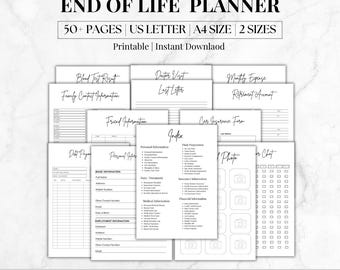 May include: A printable end-of-life planner with over 50 pages, available in US Letter and A4 sizes. The planner includes sections for blood test results, family contact information, and personal details. The text "END OF LIFE PLANNER" is at the top.
