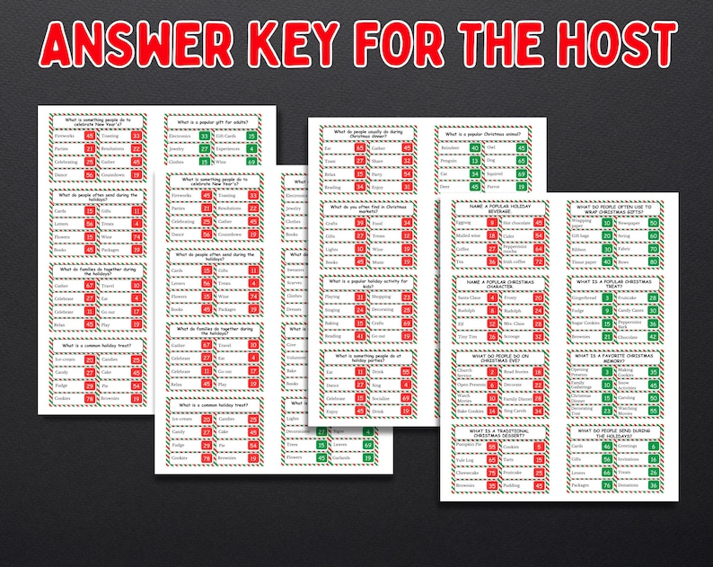 Puede incluir: Un conjunto de hojas de respuestas impresas para un juego tem&aacute;tico de vacaciones, con bordes decorativos rojos y verdes. El texto "ANSWER KEY FOR THE HOST" se muestra en rojo en la parte superior. Cada tarjeta tiene preguntas y respuestas.