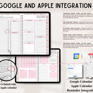 May include: A digital planner displayed on two tablet screens featuring monthly, weekly, and daily layouts with pink accents. The interface includes Google and Apple calendar integration, task lists, and clickable date links for scheduling.