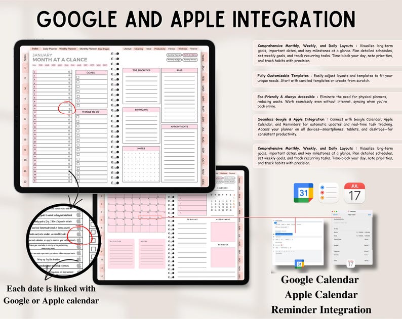 May include: A digital planner displayed on two tablet screens featuring monthly, weekly, and daily layouts with pink accents. The interface includes Google and Apple calendar integration, task lists, and clickable date links for scheduling.
