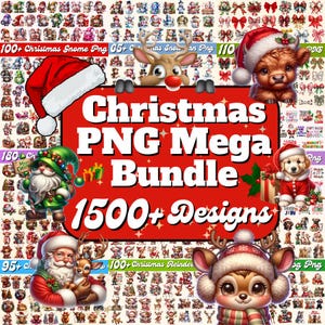 Op de afbeelding: Een kleurrijke afbeelding die een "Christmas PNG Mega Bundle" met meer dan 1500 ontwerpen promoot. De afbeelding toont verschillende feestelijke illustraties, waaronder kabouters, rendieren en de kerstman, met tekst zoals "100+ Christmas Gnome Png" en "100+ Christmas Reindeer."