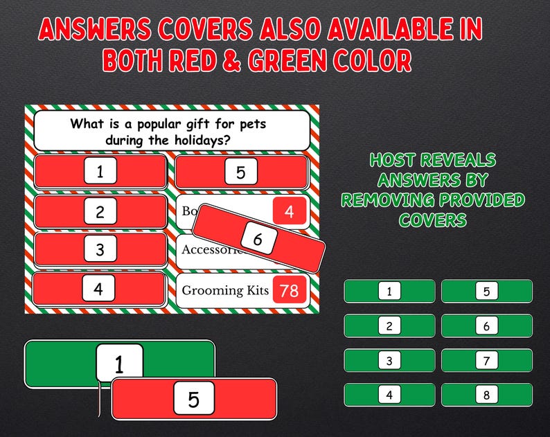 Puede incluir: Un tablero de juego con cubiertas de respuestas rectangulares rojas y verdes. El texto dice: "&iquest;Qu&eacute; es un regalo popular para mascotas durante las vacaciones?" y "El anfitri&oacute;n revela las respuestas quitando las cubiertas proporcionadas."