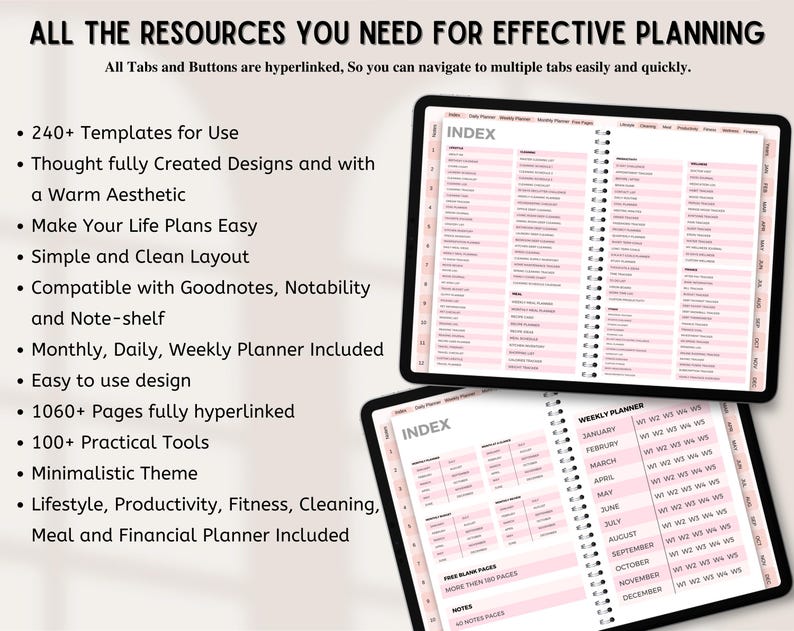 May include: A digital planner displayed on two screens featuring an index and weekly planner layout with pink accents. The text reads: ALL THE RESOURCES YOU NEED FOR EFFECTIVE PLANNING, 240+ Templates, 1060+ Pages fully hyperlinked, and more.