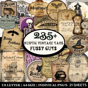 May include: A collection of 235+ rustic vintage tags with a spooky theme. The tags feature illustrations of potions, skulls, ravens, and other Halloween-related imagery. The tags are designed for fussy cuts and are available in US Letter and A4 sizes.