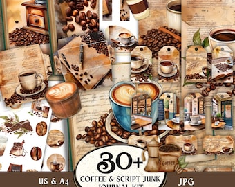 Coffee & Script Junk Journal Kit, Coffee Beans Printable Ephemera, Coffee Lover Journal Paper, Fussy Cuts, Stickers, Tags, Handwriting Pages