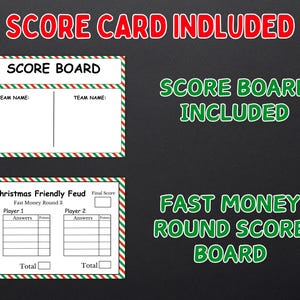 Puede incluir: Una tarjeta de puntuaci&oacute;n con tem&aacute;tica navide&ntilde;a con el texto "SCORE CARD INCLUDED". La imagen incluye una pizarra de puntuaci&oacute;n y una "Fast Money Round Score Board" con espacios para respuestas y puntos. Los bordes son rojos, verdes y blancos.