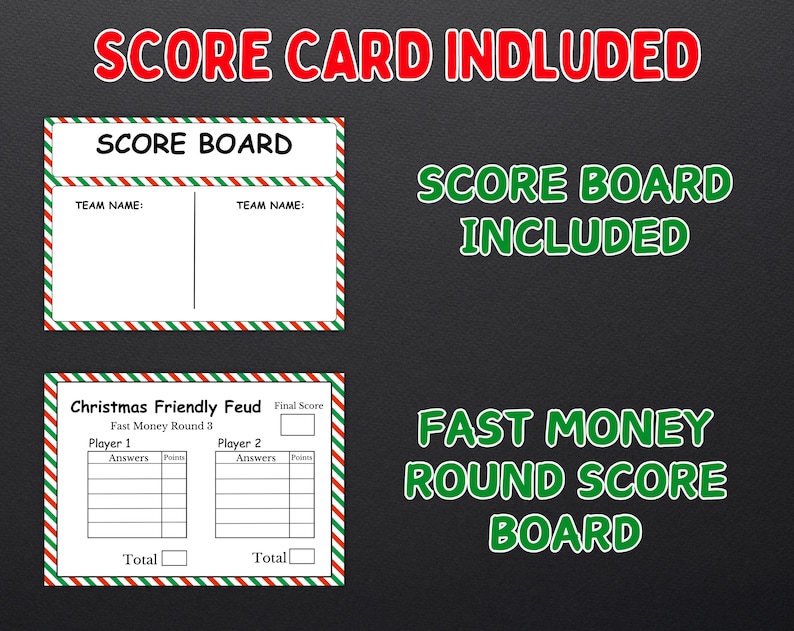 Puede incluir: Una tarjeta de puntuaci&oacute;n con tem&aacute;tica navide&ntilde;a con el texto "SCORE CARD INCLUDED". La imagen incluye una pizarra de puntuaci&oacute;n y una "Fast Money Round Score Board" con espacios para respuestas y puntos. Los bordes son rojos, verdes y blancos.