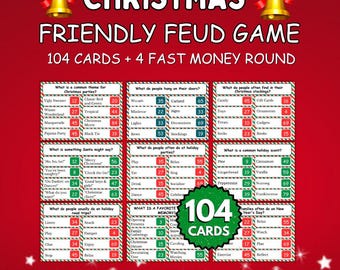 May include: A Christmas Friendly Feud game set on a red background with two gold bells at the top. The text reads Christmas Friendly Feud Game 104 Cards + 4 Fast Money Round. It includes multiple game cards with questions, answers, and point values.