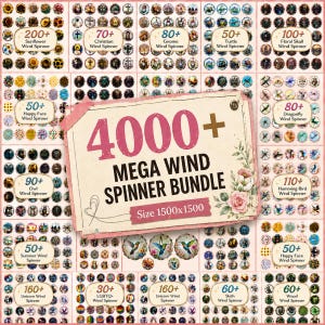 May include: A digital collection of 4000+ wind spinner designs featuring various themes like sunflowers, gnomes, skulls, and animals. The central label reads 4000+ MEGA WIND SPINNER BUNDLE Size 1500x1500, decorated with pink floral illustrations and line art.