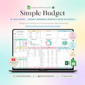 Op de afbeelding: Een digitaal budget-spreadsheet-sjabloon voor Google Sheets en Excel weergegeven op een laptopscherm. De interface bevat een dashboard met tabellen voor inkomsten, rekeningen, uitgaven, schulden en spaargeld, naast grafieken voor financiële overzichten.