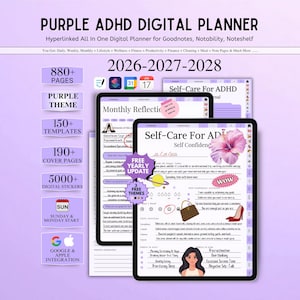 May include: A purple ADHD digital planner for 2026-2028 featuring 880+ pages, 150+ templates, and 190+ cover pages. The interface includes monthly reflection and self-care sections with digital stickers, icons for Google and Apple integration, and options for Sunday or Monday starts.