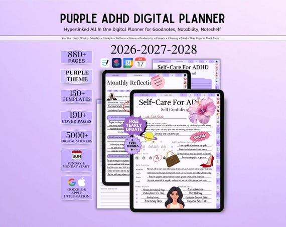 ADHD Planner 2027 - 2029, Daily Weekly Monthly Life Planner, Self Care Planner, Productivity Planner, GoodNotes Planner, Adult ADHD Planner