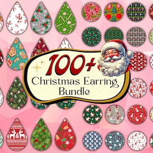May include: A collection of Christmas-themed earrings in various shapes and patterns, including teardrops and circles. Designs feature candy canes, Christmas trees, gingerbread men, and Santa Claus. The text "100+ Christmas Earring Bundle" is displayed.