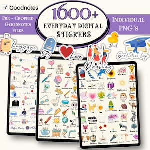 Puede incluir: Pegatinas digitales para Goodnotes, con más de 1600 PNG diarios. La imagen muestra tres tabletas que muestran varios diseños de pegatinas, incluyendo equipaje, una bolsa, un corazón y un gorro de graduación. El texto dice "Everyday Digital Stickers."